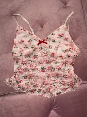 PacSun Pink Floral Lace Cami with Red Bow